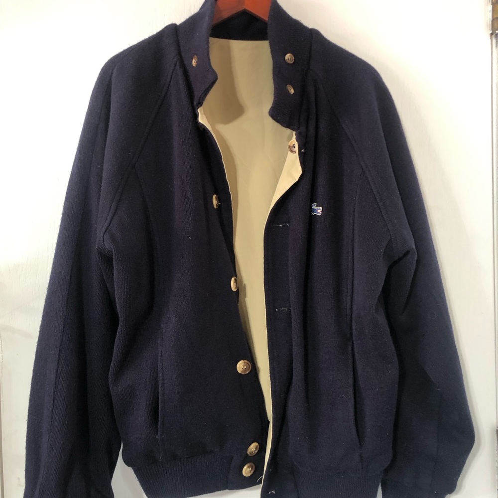 Lacoste Reversible Navy/Tan Button Down Cardigan Sweater Jacket. Vintage.